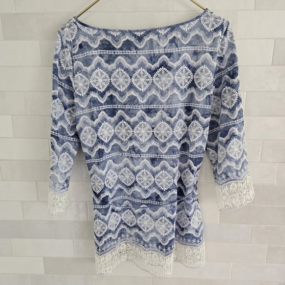 Doncaster Tunic Tie-Waist Batik Geometric Print Lace Trim 3/4 Sleeve Top Blouse - Picture 4 of 7